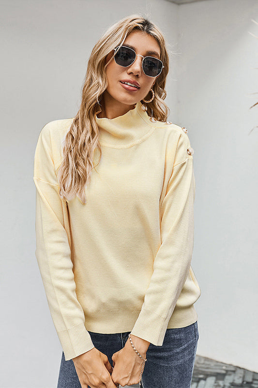 Creamtopmall High Collar Button Solid Color Sweater