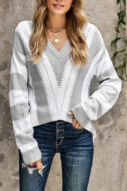 Creamtopmall Striped Contrast Deep V-neck Knitted Sweater