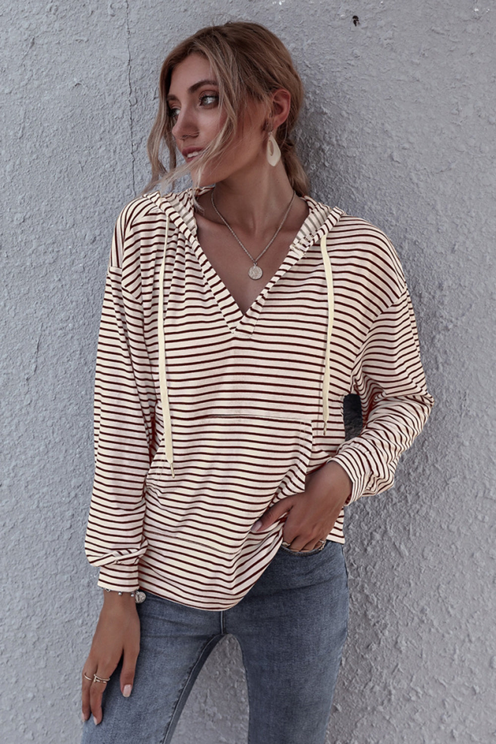 Creamtopmall Striped Hooded V-neck Sweater