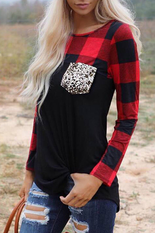 Creamtopmall Plaid Stitched Sequin Pocket Top