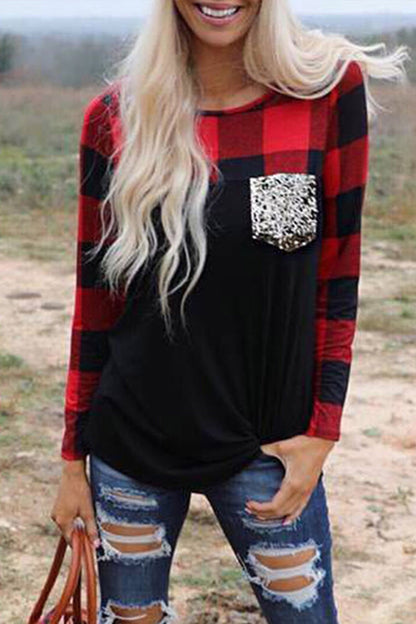 Creamtopmall Plaid Stitched Sequin Pocket Top