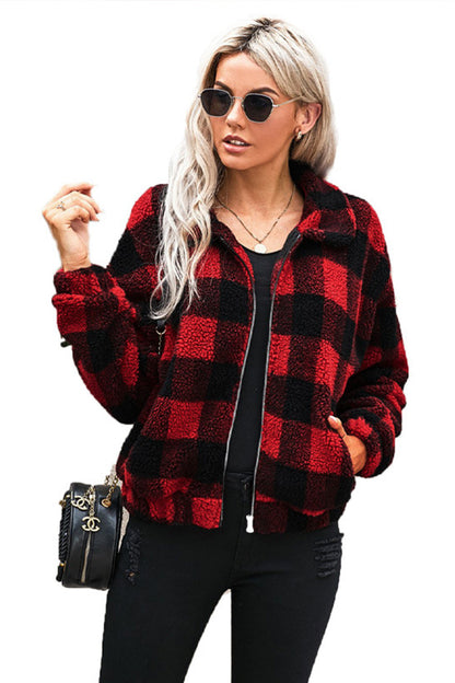 Creamtopmall Zipped Pocket Lapel Plaid Plush Coat