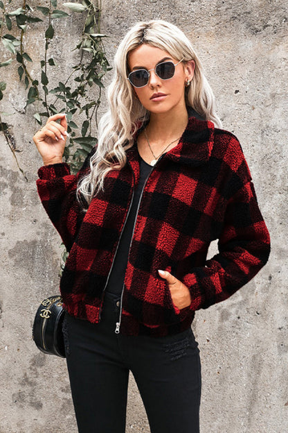 Creamtopmall Zipped Pocket Lapel Plaid Plush Coat