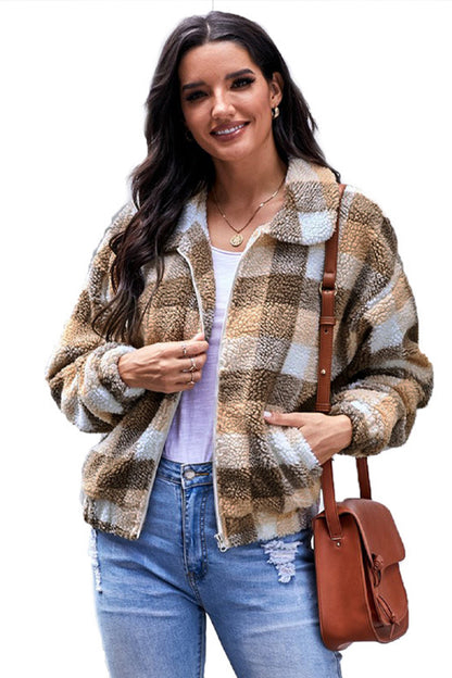 Creamtopmall Zipped Pocket Lapel Plaid Plush Coat