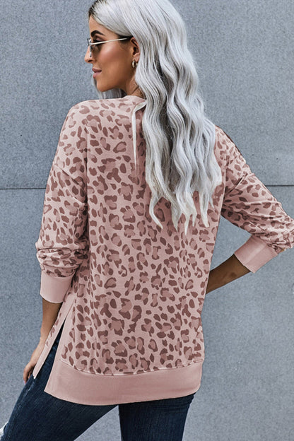 Creamtopmall Leopard Print Round Neck Hem Split Top