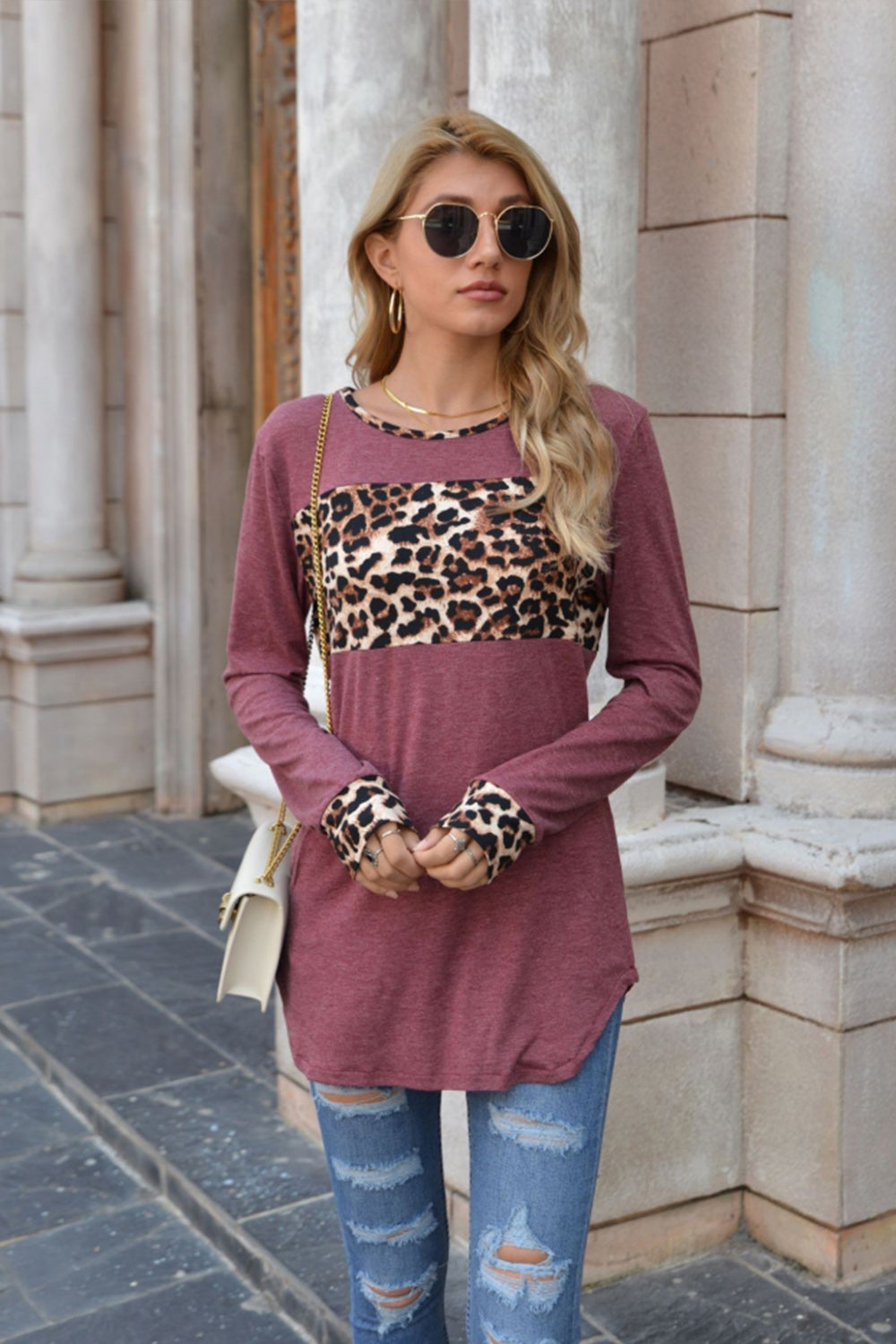 Creamtopmall Leopard Print Stitching Round Neck Long Sleeve T-shirt