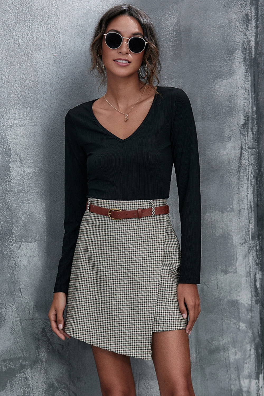 Creamtopmall Plaid Stitching Slim A-line Skirt