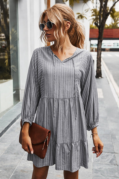 Creamtopmall V-neck Striped Drawstring Long Sleeve Dress