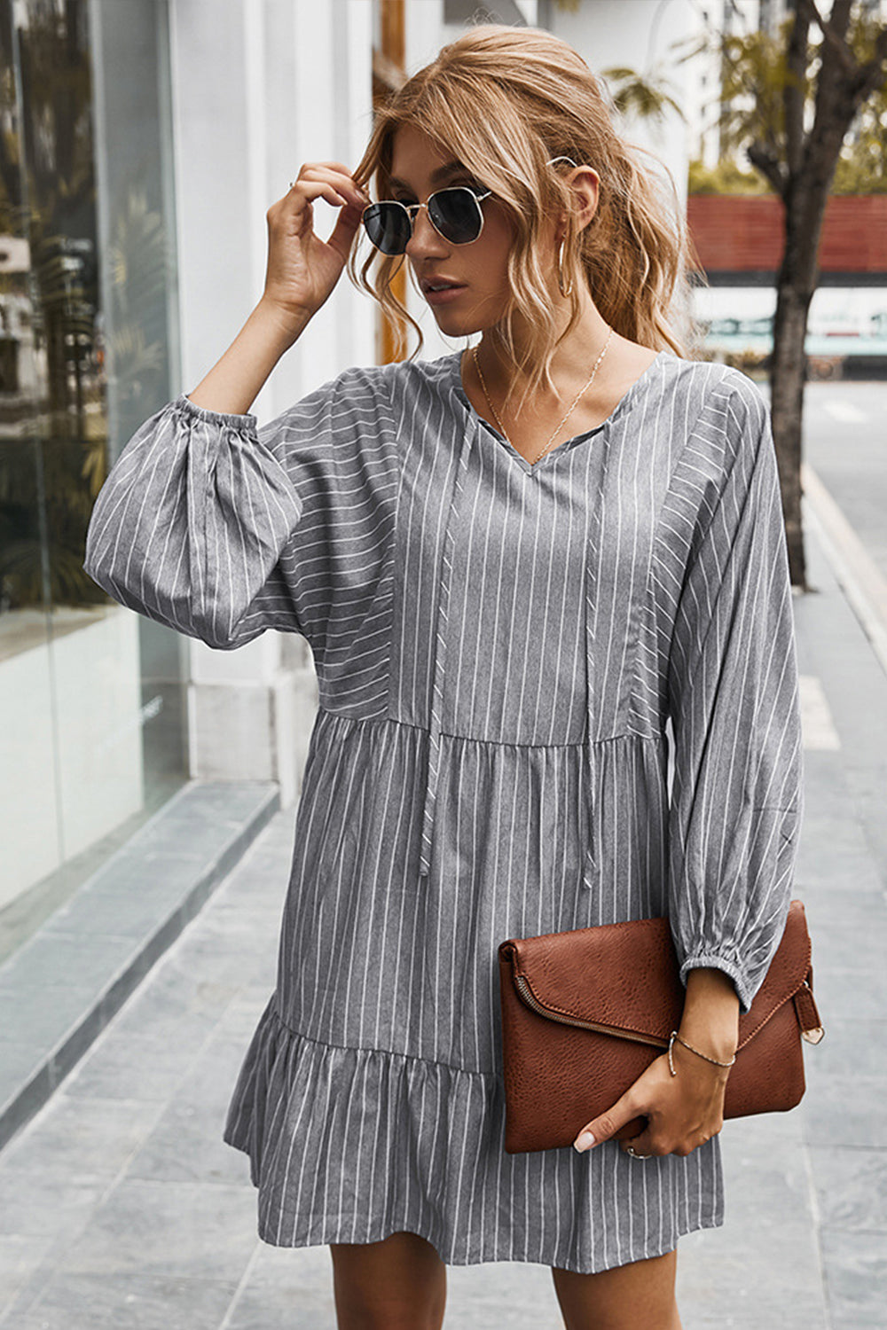 Creamtopmall V-neck Striped Drawstring Long Sleeve Dress