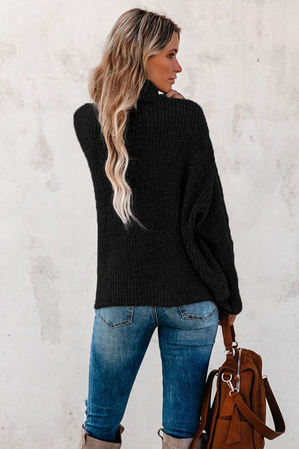 Creamtopmall Solid Color Turtleneck Long Sleeve Sweater