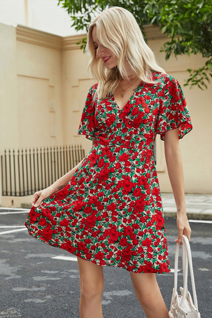 Creamtopmall Flower Print V-neck Short Sleeve Dress