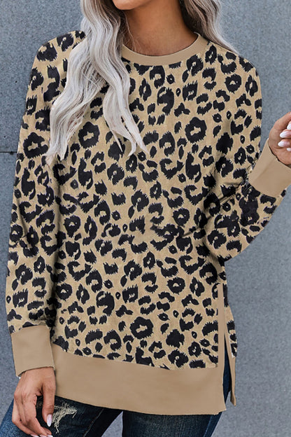 Creamtopmall Leopard Print Round Neck Hem Split Top