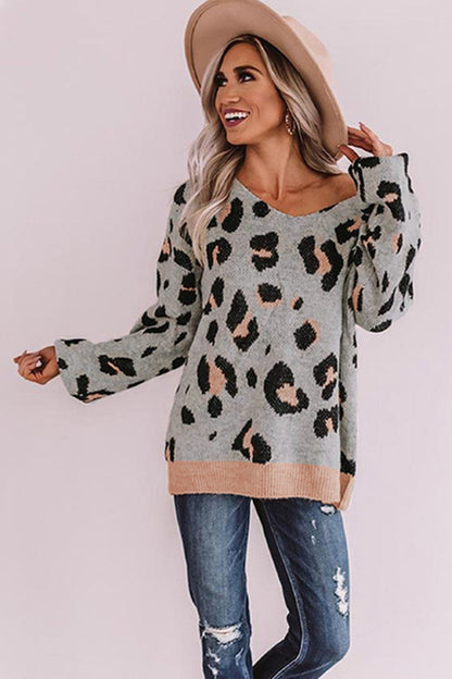 Creamtopmall Leopard Print One-shoulder Loose Sweater