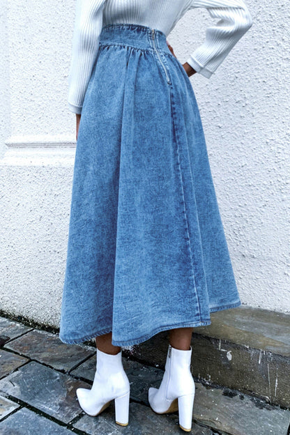 Creamtopmall Tucked Waist Swinging Denim Skirt