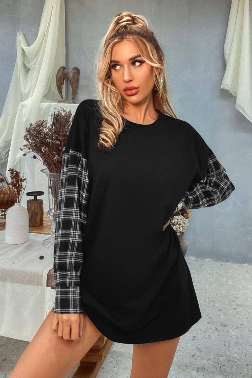 Creamtopmall Round Neck Stitching Plaid Sweater Dress