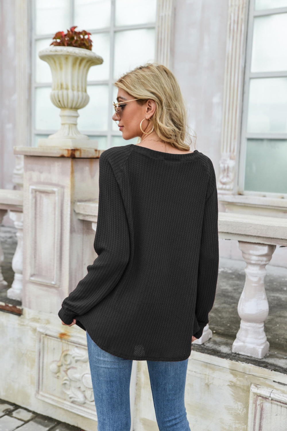 Creamtopmall Waffle Long Sleeve One-shoulder T-shirt