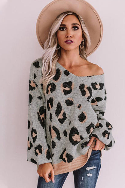 Creamtopmall Leopard Print One-shoulder Loose Sweater