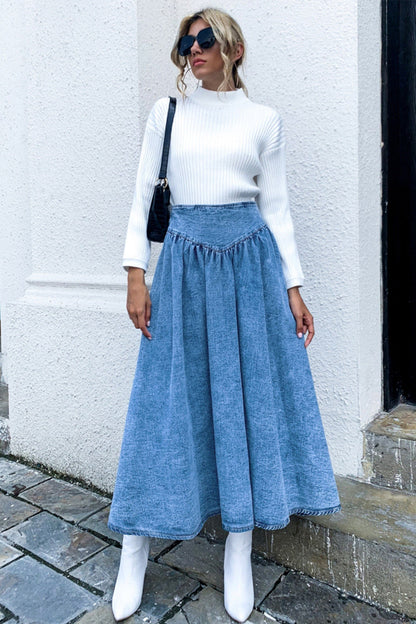 Creamtopmall Tucked Waist Swinging Denim Skirt