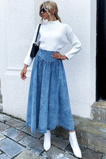 Creamtopmall Tucked Waist Swinging Denim Skirt