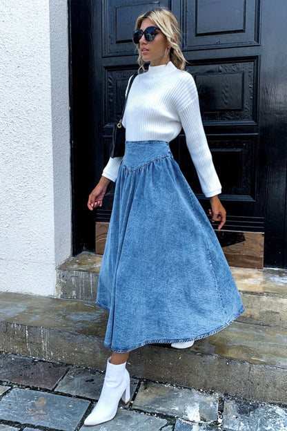 Creamtopmall Tucked Waist Swinging Denim Skirt