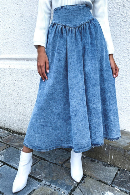 Creamtopmall Tucked Waist Swinging Denim Skirt