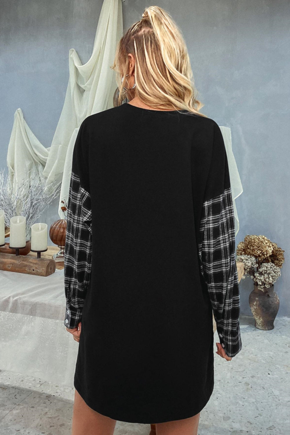 Creamtopmall Round Neck Stitching Plaid Sweater Dress