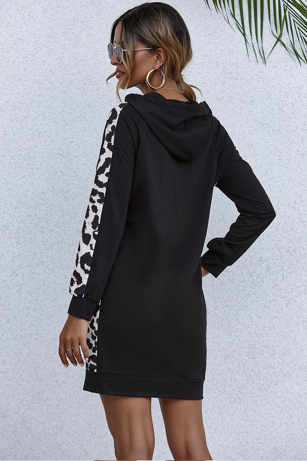 Creamtopmall Black Hooded Leopard Print Patchwork Dress