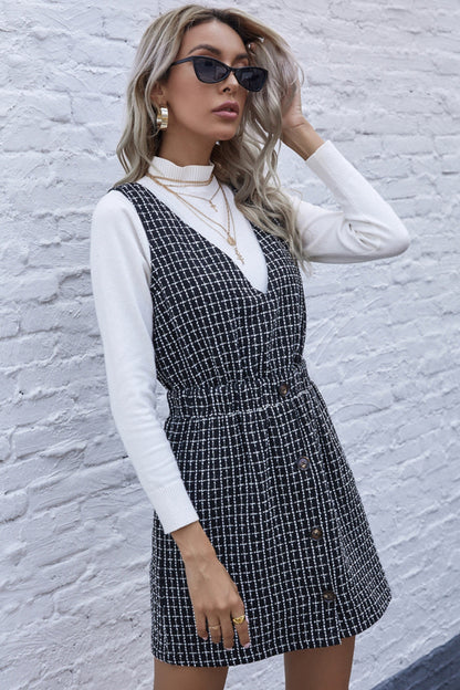 Creamtopmall V-neck Plaid Waist Button Dress