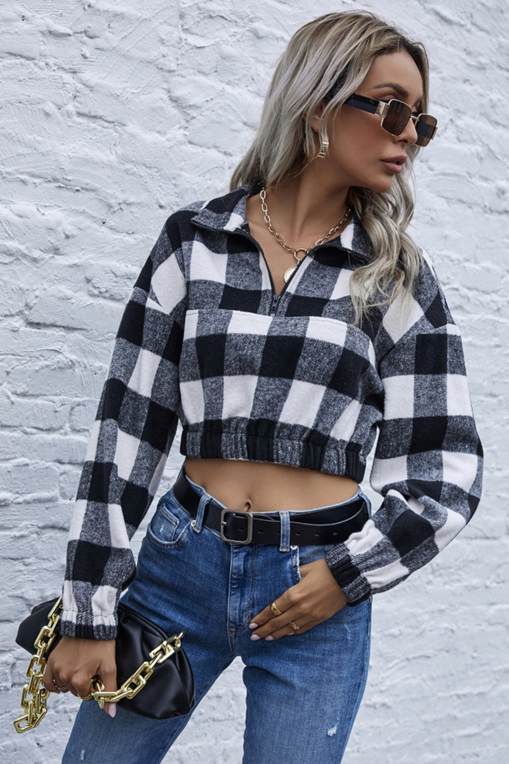 Creamtopmall Navel Stripe Check Lapel Zipper Sweater