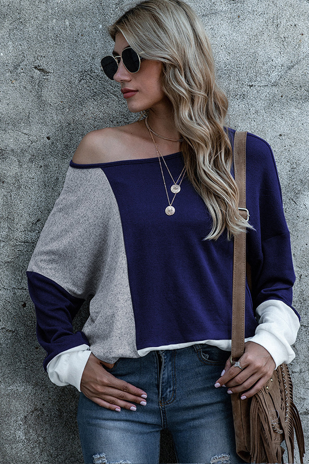 Creamtopmall Round Neck Contrast Stitching Long-sleeved Top