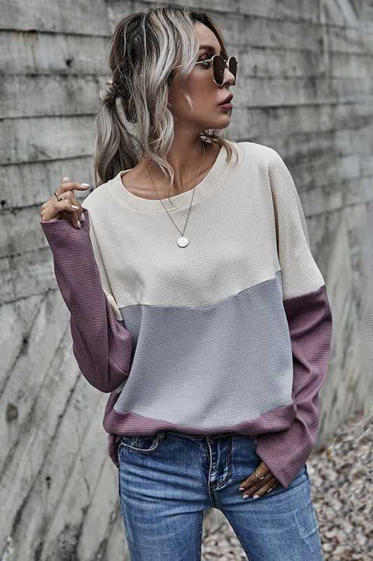 Creamtopmall Three-color Contrast Long-sleeved Round Neck Top