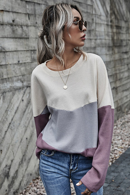 Creamtopmall Three-color Contrast Long-sleeved Round Neck Top