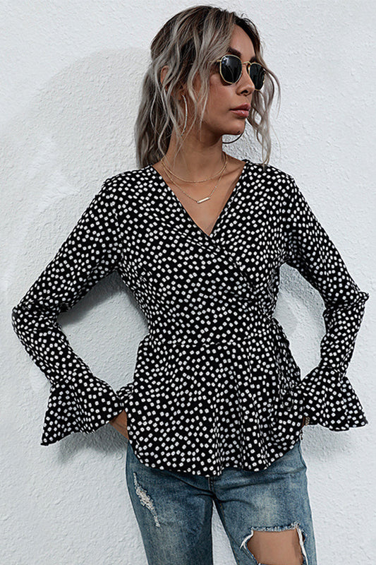 Creamtopmall V-neck Slim-fit Long-sleeved Polka Dot Shirt