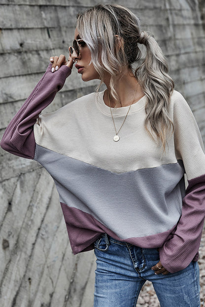 Creamtopmall Three-color Contrast Long-sleeved Round Neck Top