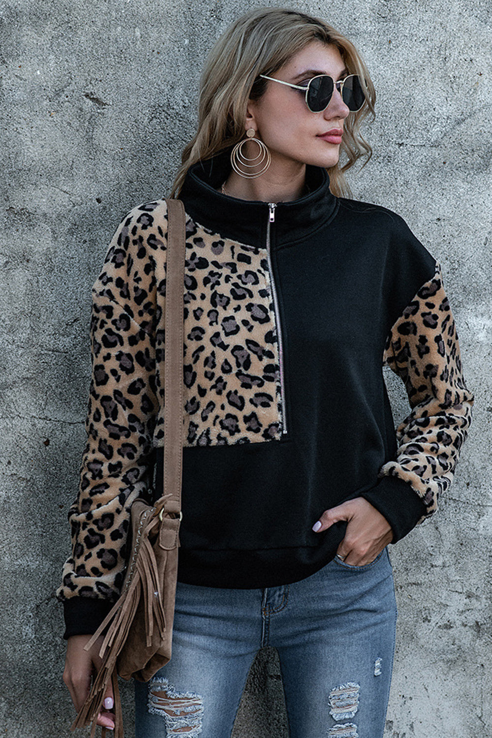 Creamtopmall Loose Stitching Leopard Print Hoodies