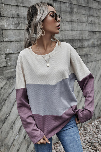 Creamtopmall Three-color Contrast Long-sleeved Round Neck Top