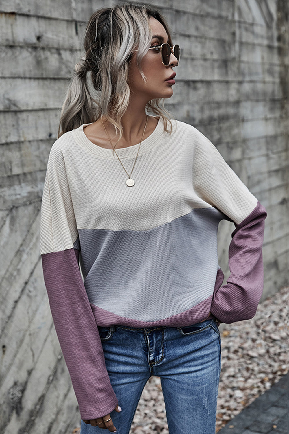 Creamtopmall Three-color Contrast Long-sleeved Round Neck Top