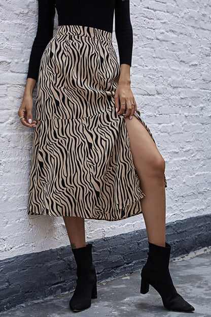 Creamtopmall Zebra Print High Waist Slit Midi Skirt