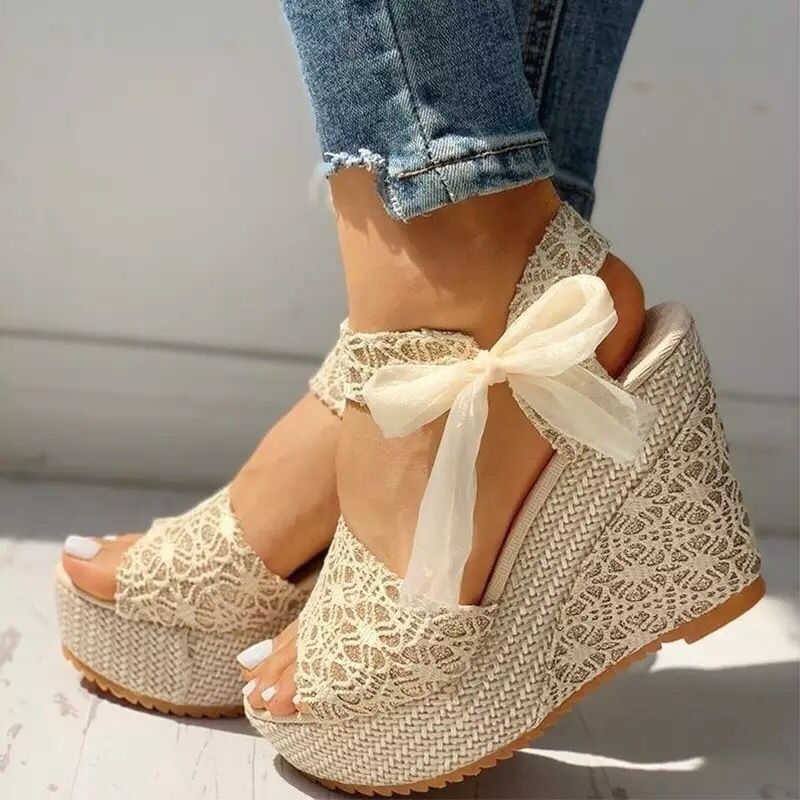 Creamtopmall Lace Bow Wedges Sandals