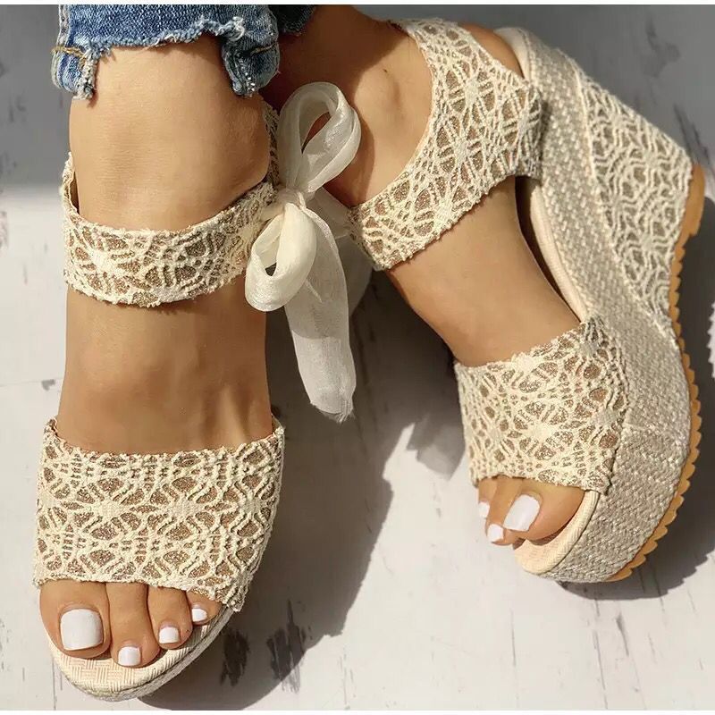 Creamtopmall Lace Bow Wedges Sandals