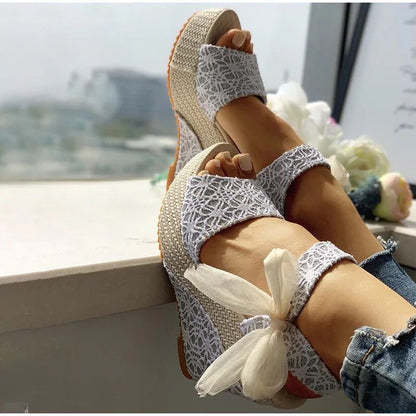 Creamtopmall Lace Bow Wedges Sandals