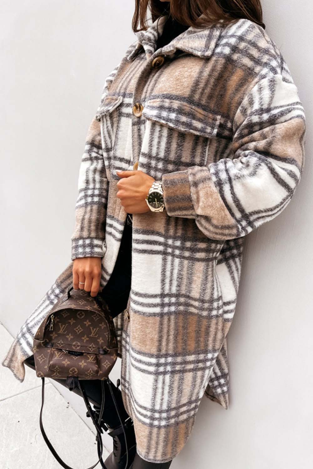 Creamtopmall Plaid Print Woolen Coat