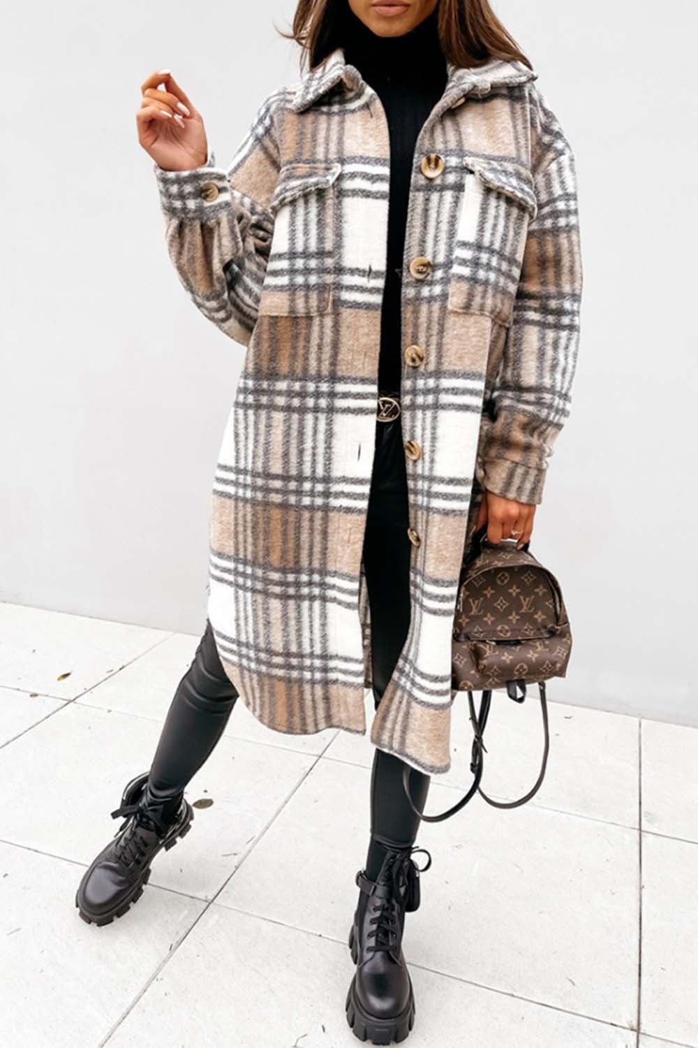 Creamtopmall Plaid Print Woolen Coat