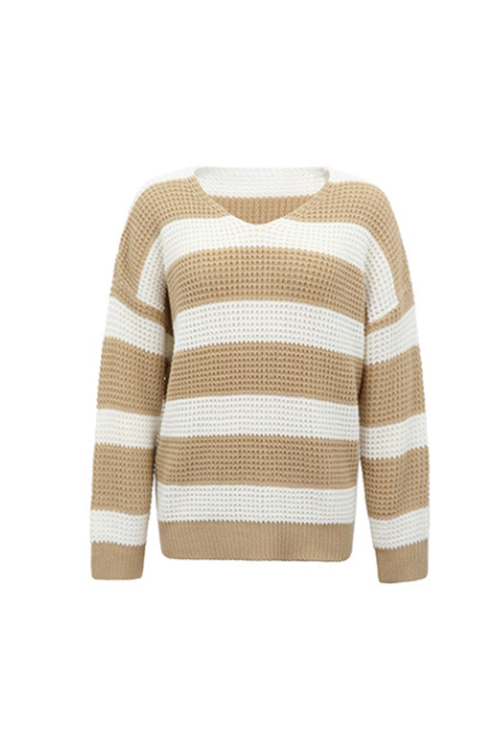 Creamtopmall V-Neck Striped Waffle Sweater