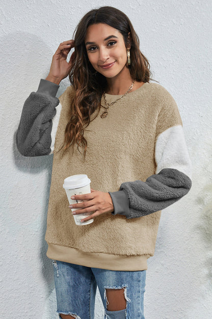 Creamtopmall Round Neck Three-Color Patchwork Sweater