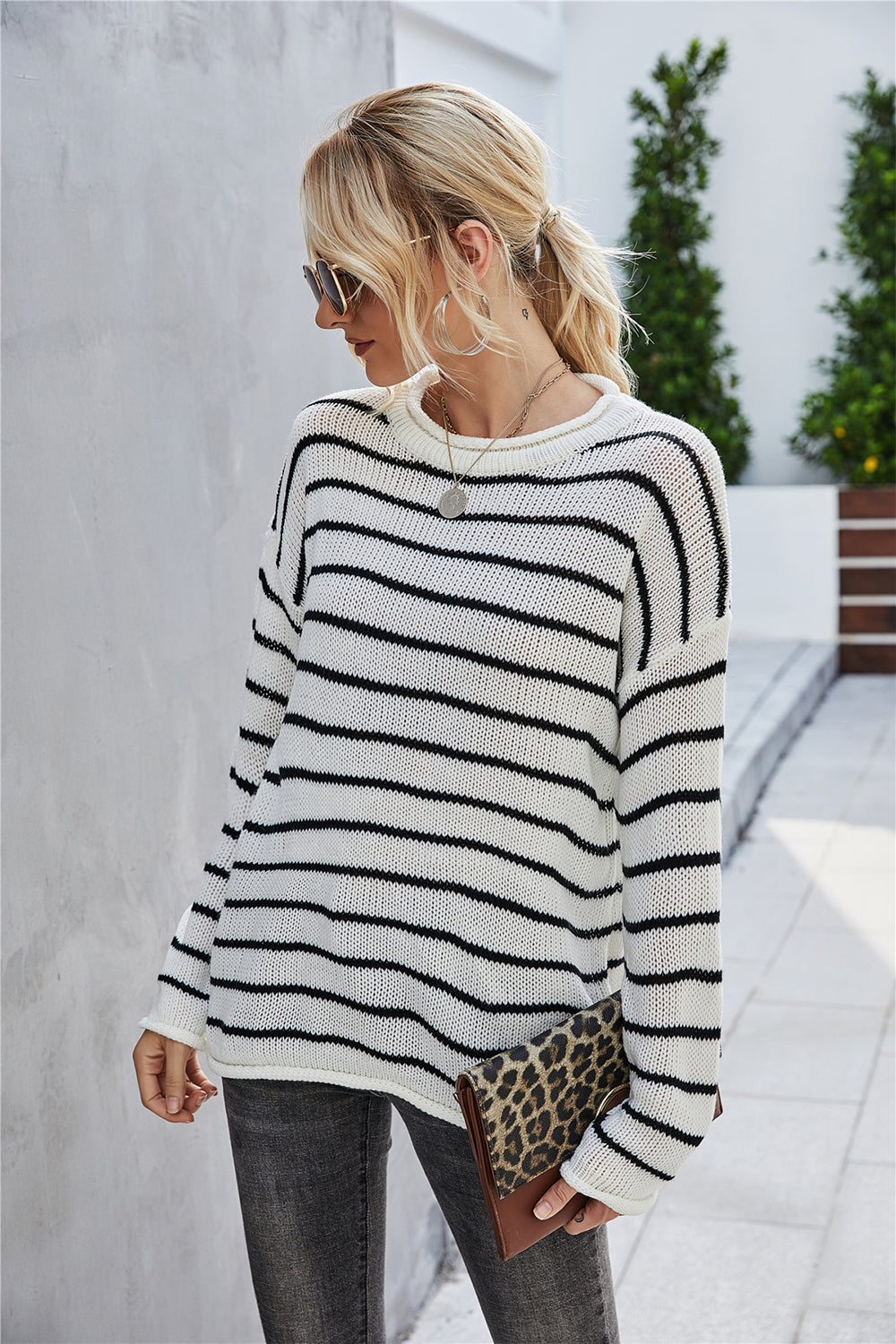 Creamtopmall Round Collar Stripe Patchwork Pullover