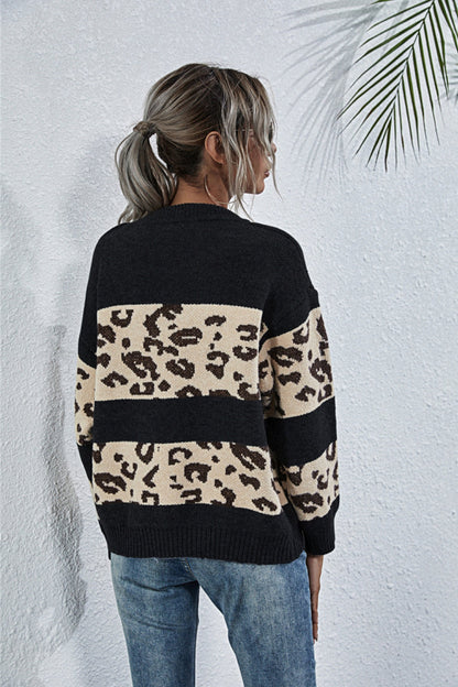 Creamtopmall Crew Neck Leopard Print Sweater