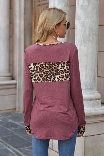 Creamtopmall Leopard Print Stitching Round Neck Long Sleeve T-shirt