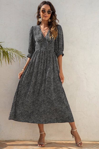 Creamtopmall V-Neck Printed Mid-Sleeved Dress