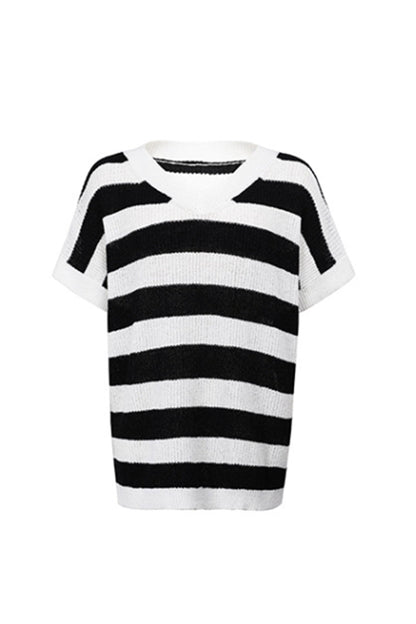 Creamtopmall V-Neck Striped Short-Sleeved Sweater